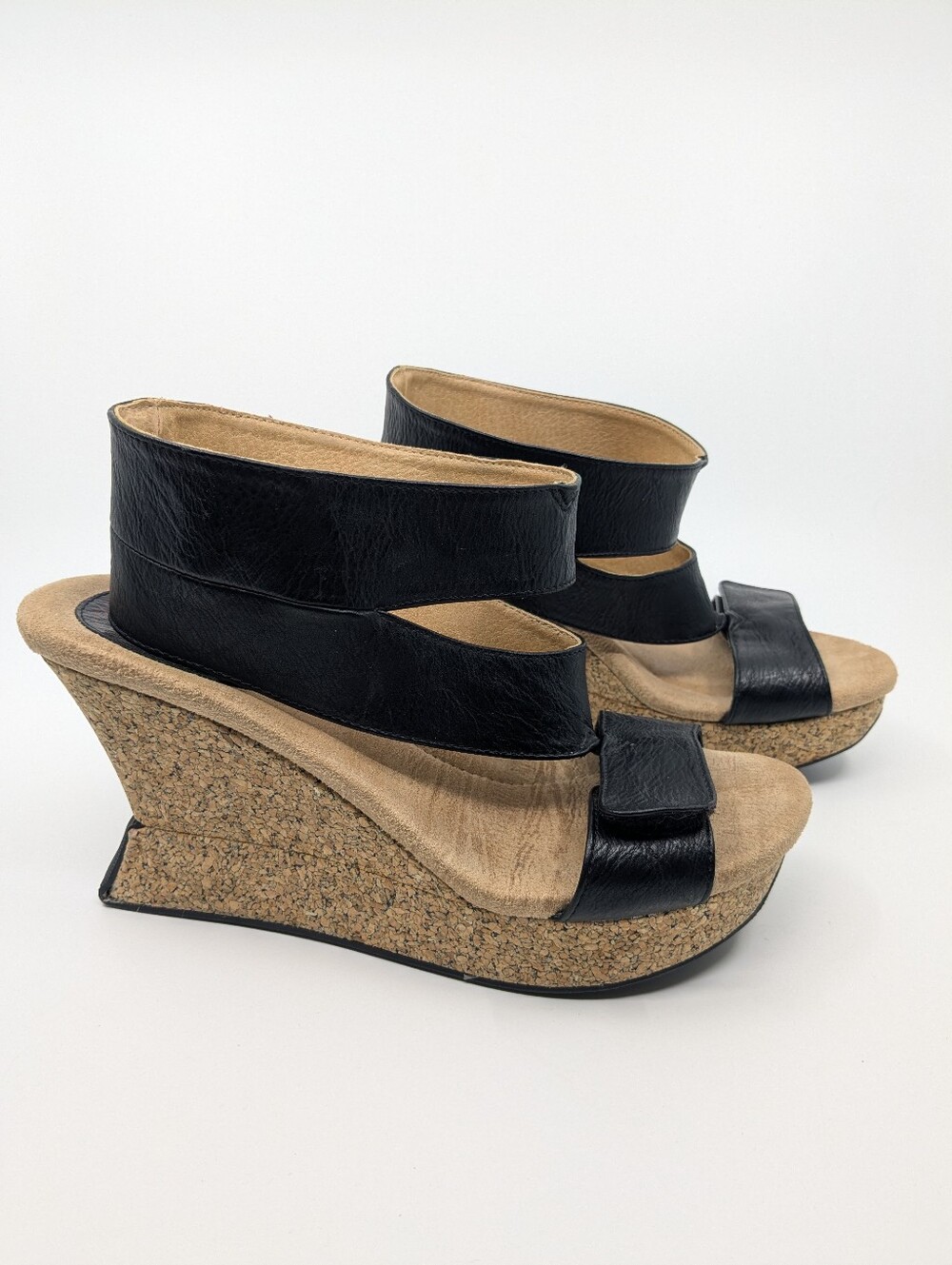 Modzori Karma Reversible Strap Leather Cork Platform Wedge Sandals Black Tan 8